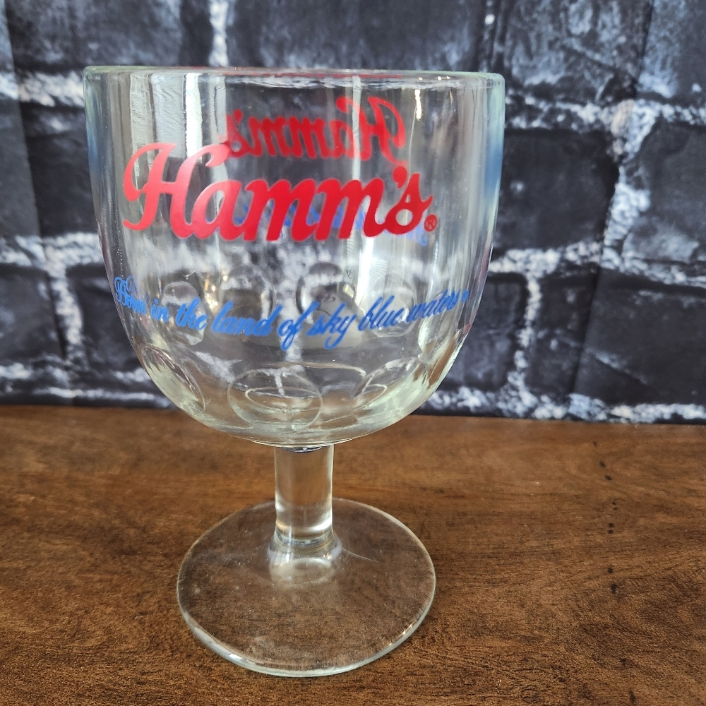 Vtg Hamm's Beer Goblet "Born the Land of Sky Blue Waters" Thumbprint Glass